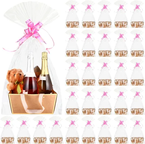 Miniatura 14 de Tuanse 30 Piezas Canasta para Regalo Vacía Kit de Cesta de Regalo DIY a Granel con Asa Bandeja de Cartón Kraft con 30 Bolsas 30 Lazos Bandeja