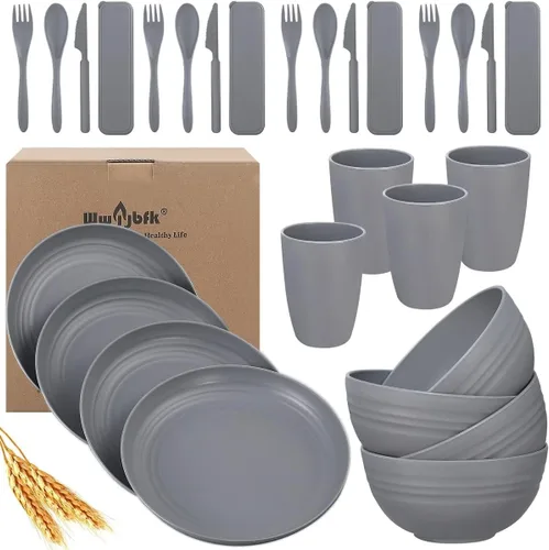 Miniatura 8 de Juego de vajilla de paja de trigo para 4, platos y tazones de paja de trigo, platos de cocina, 28 piezas, artículos esenciales para dormitorio