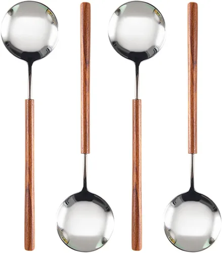 Miniatura 7 de Ouliget Cuchara de mango de madera retro, cucharadas de servir de acero inoxidable, cuchara de madera, cubiertos plateados con mango marrón, 4