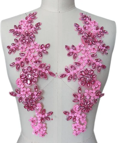Miniatura 11 de 1 par de parches de encaje con cristales brillantes, cuentas de vidrio y piedras, para coser a mano, accesorios para decoración de vestidos de novia
