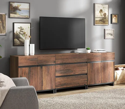 WAMPAT Moderno soporte de TV para televisores de hasta 100 pulgadas, consola de TV 3 en 1 con estantes ajustables y 3 cajones, consola multimedia