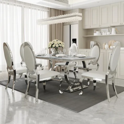 Miniatura 13 de ACEDÉCOR Juego de mesa de comedor moderno de 5 piezas con 4 sillas de comedor de cuero negro, mesa de comedor con base en U de metal de acero Oro