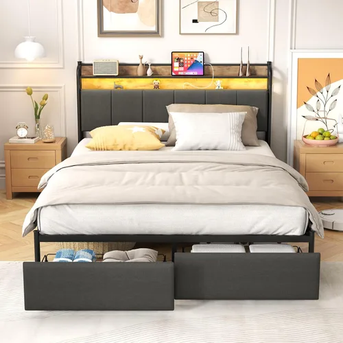 Miniatura 9 de Zevemomo - Base de cama completa con estación de carga, puertos USB y enchufes, base de plataforma tamaño completo con cabecera, base de cama sin