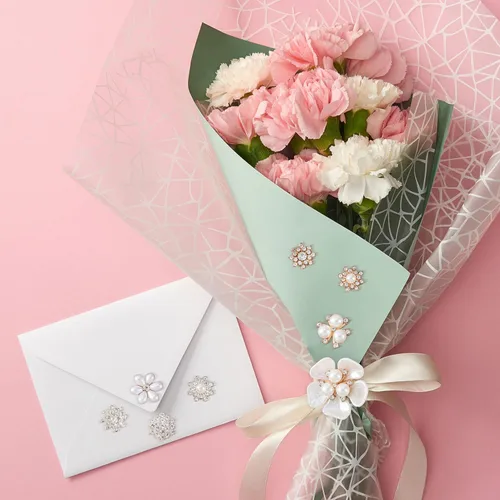 Miniatura 6 de HINZIC 40 piezas de botones de diamantes de imitación de perlas, broches de flores, adornos dorados y plateados, dijes decorativos de boda