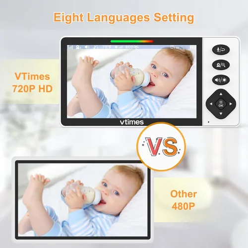 Miniatura 3 de VTimes - Monitor de bebé con cámara y audio, pantalla HD de 720P de 5.5 pulgadas, monitor de video sin WiFi, modo VOX, panorámica/inclinación/zoom