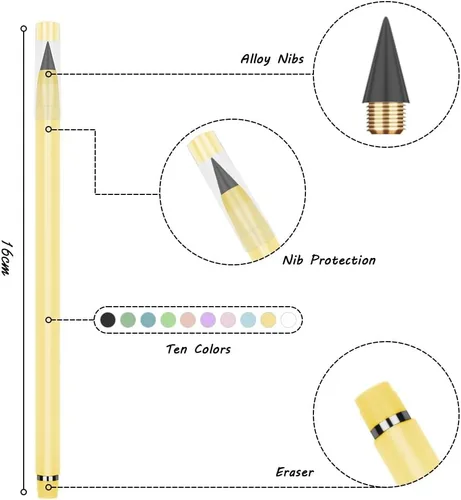 Miniatura 2 de HOTUT Lápiz infinito, 10 lápices sin tinta Forever con 10 puntas reemplazables y borradores adicionales, lápices sin afilar para estudiantes