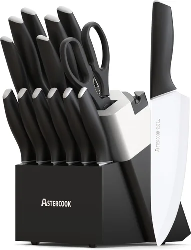 Astercook Juego de cuchillos, cuchillos de cocina con bloque y afilador, revestimiento de cerámica, 15 unidades, cuchillos alemanes de acero