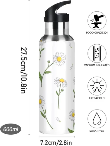 Miniatura 9 de White Daisies Flowers Stainless Steel Vacuum Insulated Water Bottle 20 Oz Leakproof Water Bottles, BPA-Free Sports Water Bottle with Straw