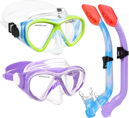 Miniatura 12 de 2 Sets Snorkeling Gear for Kids, Kids Snorkel Set for Ages 6-14, Dry Top Snorkel Mask Set for Youth Boys Girls Junior, Tempered Glass Diving