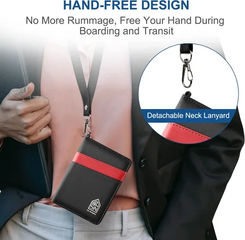 Miniatura 3 de ELASND Soporte para pasaporte para viaje con cordón para el cuello, funda de pasaporte con bolígrafo, cartera de pasaporte con bloqueo RFID