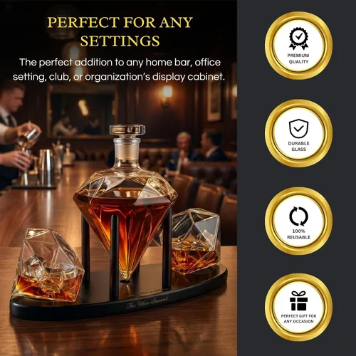 Miniatura 4 de The Wine Savant - Decantador de whisky en forma de diamante, con 2 copas en forma de diamante, para licor, escocés, ron, bourbon, vodka, tequila