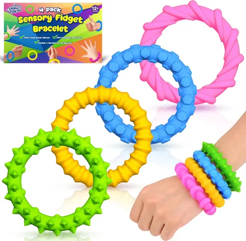 Juguetes sensoriales para ansiedad para niños pequeños, paquete de 4 pulseras sensoriales de silicona para masticar | Calmantes para autismo
