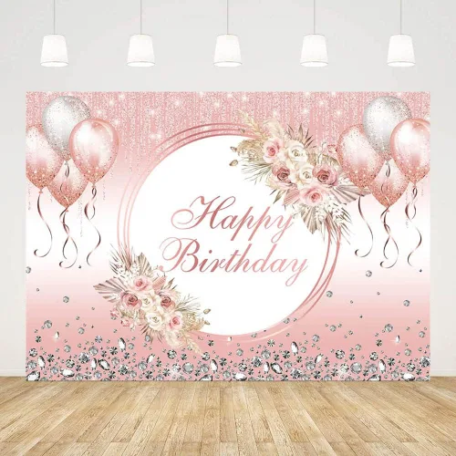 Miniatura 3 de AIBIIN Telón de fondo bohemio de feliz cumpleaños de 7 x 5 pies para niña, globos rosas con purpurina, fondo de fotogarfia, decoración de fiesta