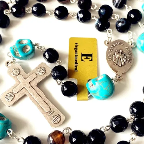 Miniatura 7 de elegantmedical Collar de regalo católico hecho a mano con cuentas de calaveras y ágata negra, rosario, cruz, crucifijo católico, regalo para hombre