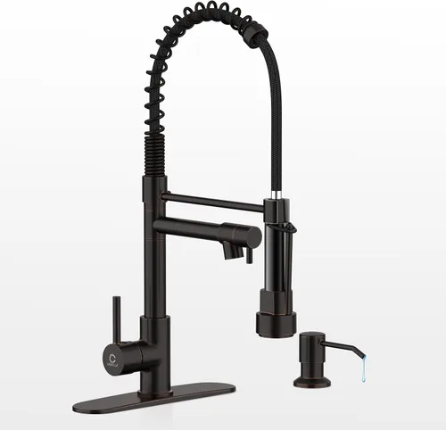 Miniatura 14 de Grifo de cocina con dispensador de jabón, grifos de fregadero de cocina de resorte de una sola manija con rociador desplegable y placa de cubierta