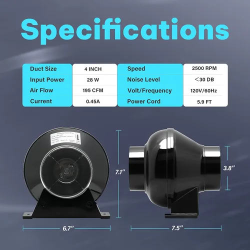Miniatura 6 de iPower Ventilador de ventilación en línea de conducto de 4 pulgadas y 195 CFM, ventilador de escape HVAC para tienda de cultivo, invernaderos
