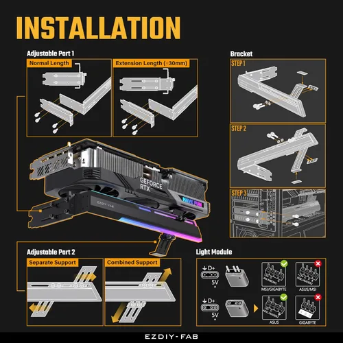 Miniatura 6 de EZDIY-FAB Soporte Abrazadera para GPU ARGB de 5V, Refuerzo de Soporte para Tarjeta Gráfica GPU, Soporte para Tarjeta de Video, Estructura