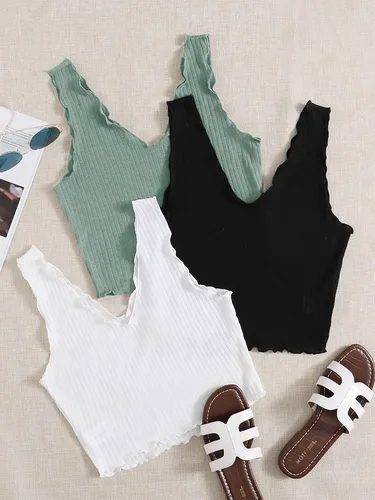 Miniatura 5 de Milumia Conjunto de 3 piezas de camisetas sin mangas de punto acanalado con cuello en V para mujer