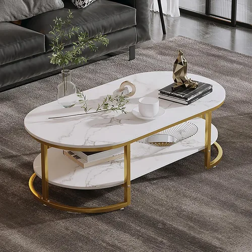 Miniatura 2 de Mesa auxiliar moderna de mármol sintético, mesa de centro ovalada, mesa de centro de madera con almacenamiento abierto, mesa auxiliar minimalista