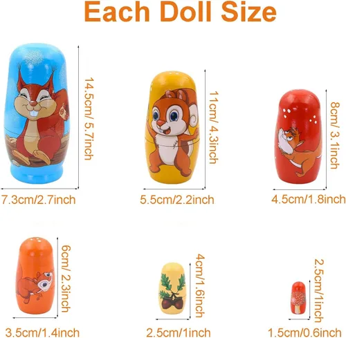 Miniatura 3 de Konrisa 6 piezas de muñecas de anidación de ardilla para niños, muñecas rusas de anidación Matryoshka, figura de madera, juguetes apilables