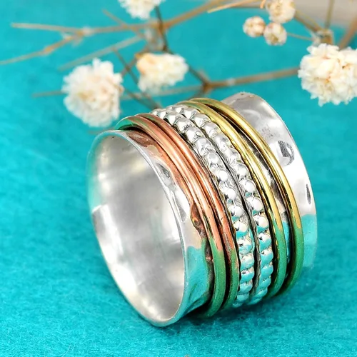 Miniatura 5 de Boho-Magic Anillo giratorio de plata de ley 925 con anillos antiestrés de latón y cobre para mujer de banda ancha