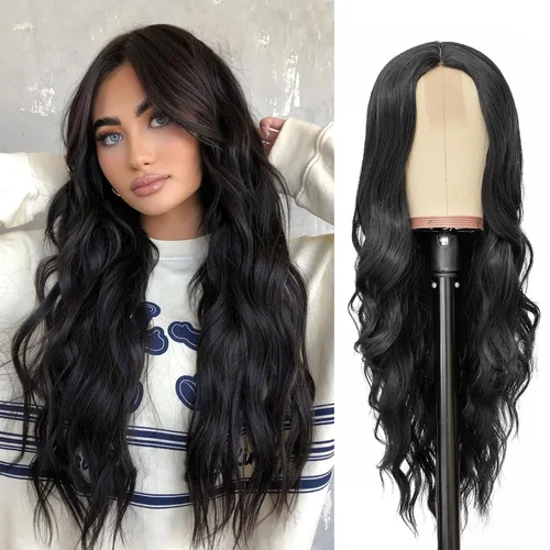NAYOO Peluca negra ondulada de 26 pulgadas de largo para mujer, peluca sintética de aspecto natural, fibra resistente al calor, suave y ligera, Negro
