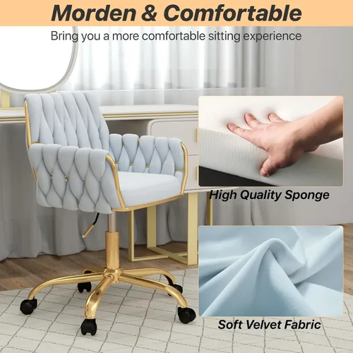 Miniatura 6 de Silla de Tocador Moderna de Terciopelo para Oficina en Casa, Silla de Escritorio de Maquillaje Giratoria de 360° con Altura Ajustable con Base
