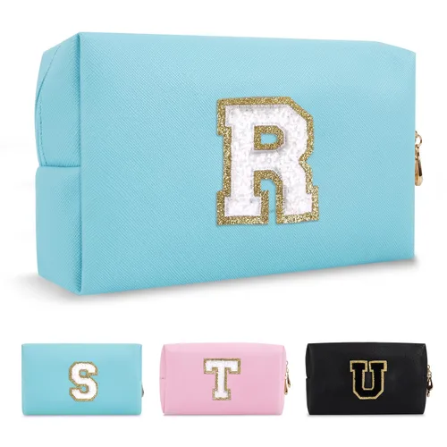 Miniatura 177 de Pequeña bolsa de maquillaje personalizada con inicial A-Z Preppy Patch, bolsa de cosméticos de viaje de felpilla blanca con cremallera, bonita bolsa