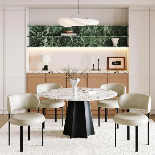 Miniatura 3 de Juego de 2 sillas de comedor beige de cuero con patas de metal, soporte de resorte y respaldo curvado, silla redonda de comedor de cocina