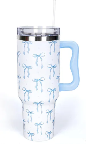 Miniatura 20 de Whaline Vaso patriótico del 4 de julio de 40 oz con asa, pajita y tapa, estrellas y rayas en rojo, azul y bandera de EE. UU., vaso de viaje del día