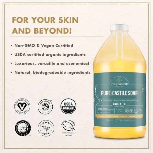 Miniatura 4 de WHOLENATURALS Jabón líquido de Castilla puro, certificado EWG y sin aceite de palma, sin aroma, natural, suave y delicado, sin OMG y vegano - Lavado