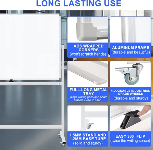 Miniatura 2 de Pizarra blanca con imán móvil con soporte de 60 x 36 pulgadas, pizarra blanca de doble cara con soporte, pizarra blanca magnética portátil de pie