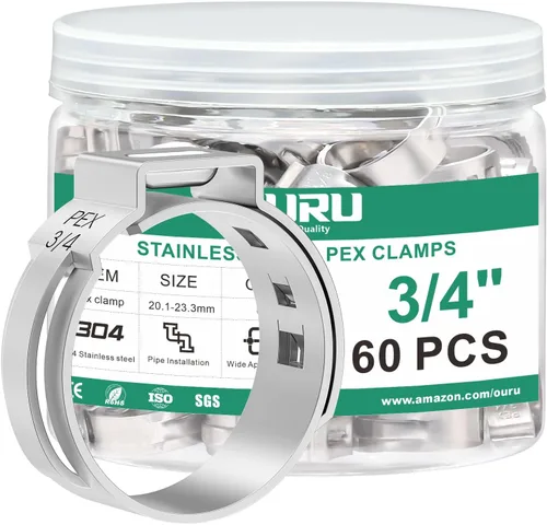 OURU 60 PCS Anillos de Crimpado Pex de 3/4, Abrazaderas de Cincho Pex de Acero Inoxidable 304, Abrazaderas de Manguera de Oreja Única para