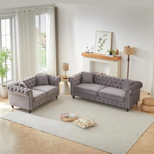 Juego de sofá moderno de 2 piezas de mediados de siglo, sofá Chesterfield retro con botones copetudos, muebles para la sala, cómodo asiento profundo