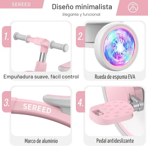 Miniatura 3 de SEREED Triciclo de iluminación colorida para niñas de 2 a 5 años, triciclo ajustable con asiento y manillar, cesta extraíble, idea de regalo de Rosa