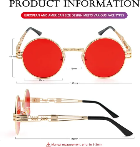 Miniatura 7 de AIEYEZO Gafas de sol redondas steampunk Circle Lennon Hippie marco de metal lente de bloqueo UV 100