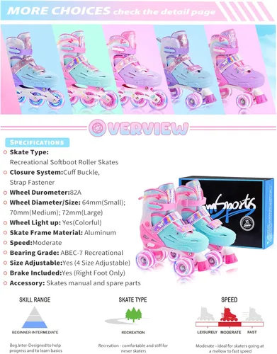 Miniatura 8 de 2PM SPORTS Patines de ruedas para niñas, niños y niños pequeños de 4 a 6, 5 a 8, 6 a 12, 8 a 12 años con ruedas iluminadas, patines ajustables