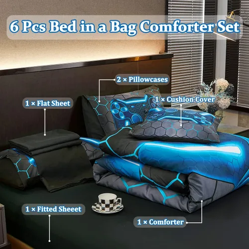 Miniatura 2 de Juego de edredón azul de consola de juegos con sábanas, 6 piezas de cama en una bolsa, geométrica, ligera, para niños, tamaño matrimonial