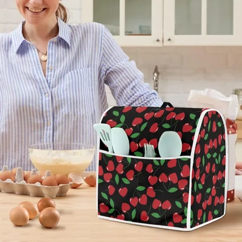 Miniatura 4 de Cubierta negra para mezcladora de cocina de 4.5 a 5 cuartos de galón con patrón de cerezas, corazón rojo, piezas de repuesto de tamaño pequeño