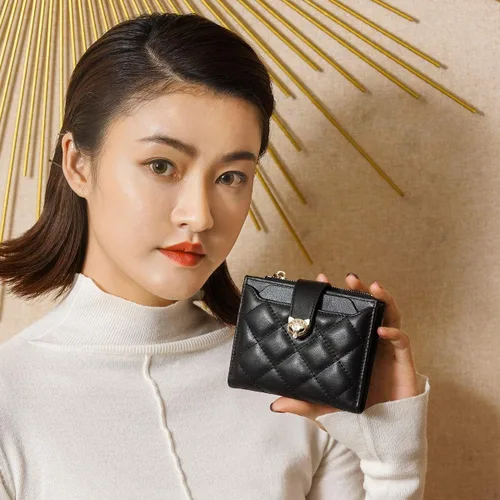 Miniatura 2 de Cartera de cuero para mujer, pequeña billetera plegable acolchada, tarjetero, Negro2, Classic