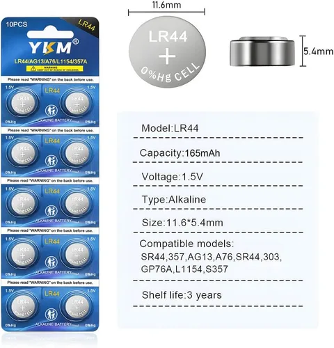 Miniatura 2 de YKM Paquete de 10 Baterías LR44 AG13 L1154f A76 357/303 L1154 L1154c LR44h 1.5V Baterías Alcalinas para Calibrador Digital Batería de Reloj