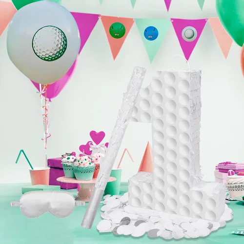 Miniatura 5 de Decoraciones de cumpleaños de golf, piñata número 3 con palo vendados y confeti, piñata temática deportiva, suministros para fiesta de tercer