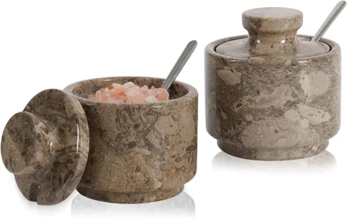 Miniatura 9 de MARBLOUS KRAFTS - Recipiente de sal de mármol con tapa y cuchara de 3" en piedra verde, plato de sal navideño decorativo para almacenamiento