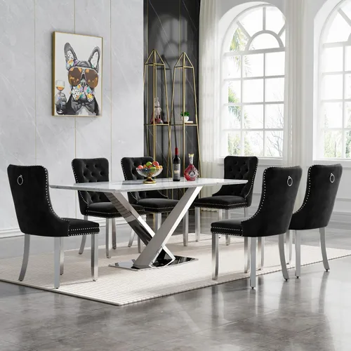Miniatura 40 de Juego de mesa de comedor de 7 piezas con sillas, mesa de comedor de mármol sintético y sillas beige para 6, juego de mesa de comedor de oro blanco