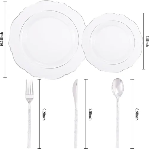 Miniatura 7 de Liacere - 150 platos de plástico plateado transparente y cubiertos desechables de plástico plateado con mango de bambú con purpurina - Platos
