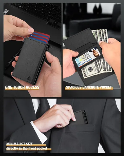 Miniatura 5 de Cartera Tarjetero para Hombres - Estuche de Aluminio Desplegable, Cuero de Microfibra Flexible Premium, Cartera Inteligente para Hombres, Bloqueo
