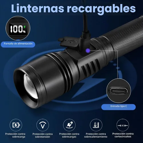 Miniatura 4 de Linternas recargables de alto lúmenes, paquete de 2 unidades, 5 modos de iluminación, linterna LED potente, luces tácticas de mano para emergencias