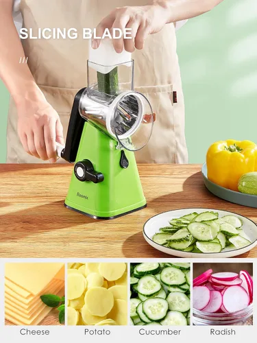 Miniatura 5 de Reemix - Rallador rotativo de queso con asa, triturador de queso vegetal para cocina, 3 cuchillas intercambiables para queso, papa, calabacín, Verde