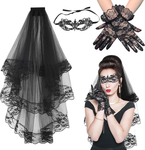 Velo de encaje negro de Halloween, velo de boda con peine guantes de encaje negro y máscara de ojos para mujer, regalo de Halloween, juego de