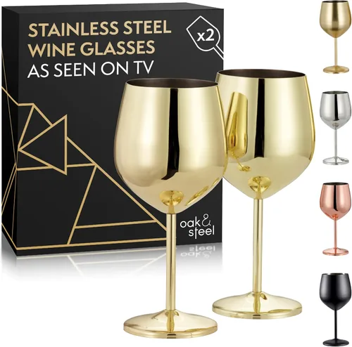Oak & Steel - 2 copas de vino doradas de acero inoxidable (18 onzas), copas de vino de metal irrompibles, copas de vino con caja de regalo para